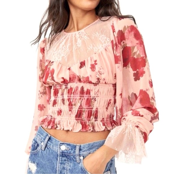 {Free People} "Daphne" Floral Lace Peplum Crop Peasant Blouse - Picture 2 of 13